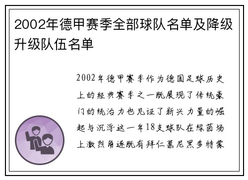 2002年德甲赛季全部球队名单及降级升级队伍名单